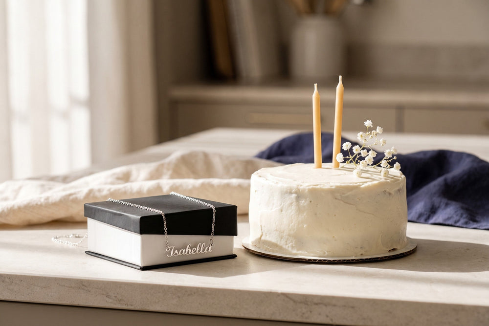 Gift-boxed name necklace beside a small birthday cake