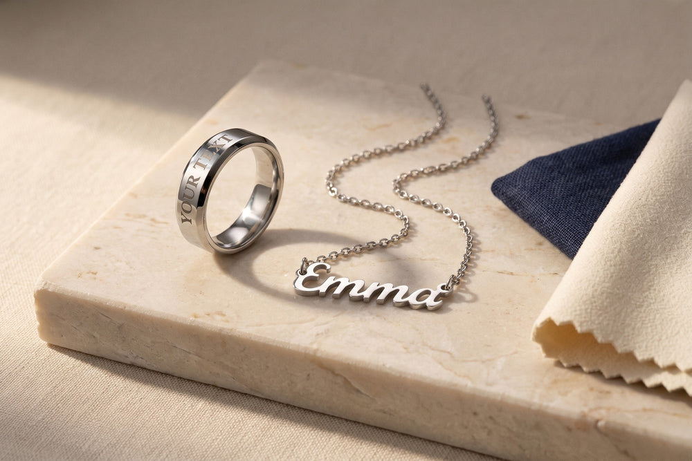 Silver engraved ring and silver name necklace on pale stone