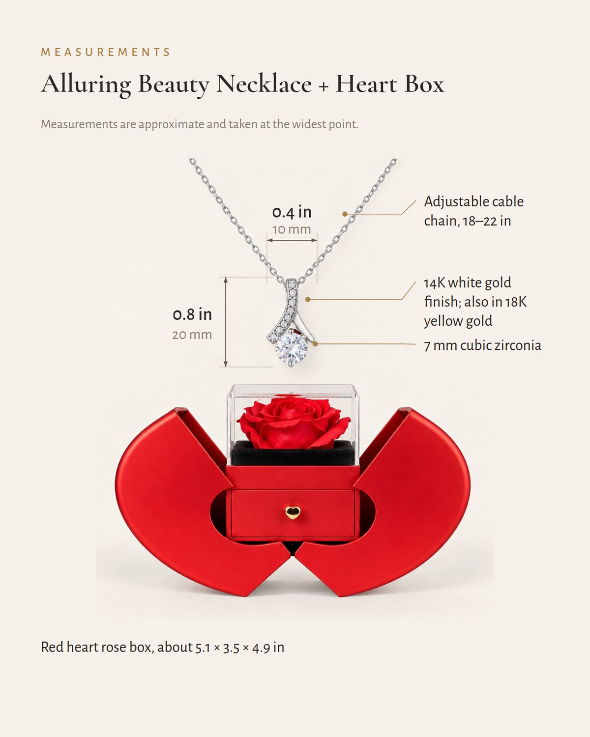 Ribbon necklace and heart-shaped rose gift box detail diagram.