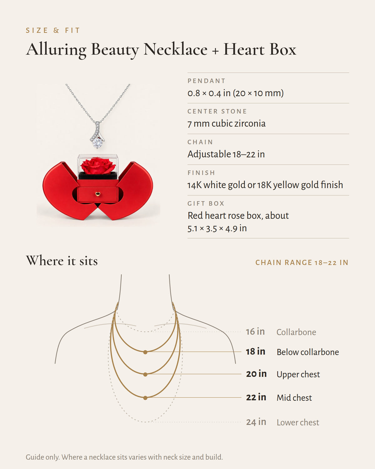 Ribbon necklace and heart-shaped rose gift box specification and necklace length guide.