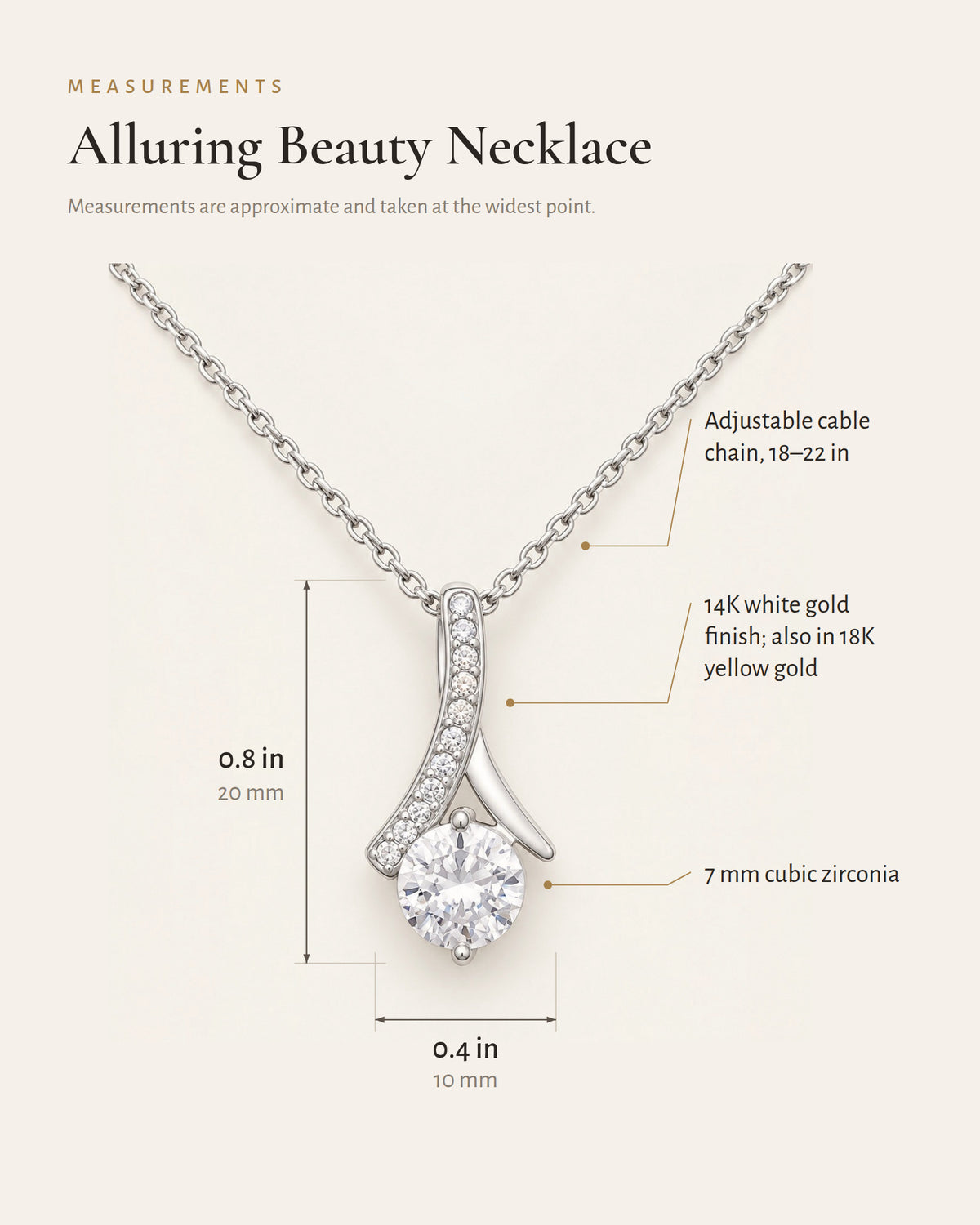 Ribbon CZ necklace detail diagram showing the pendant, crystal accents and center stone.