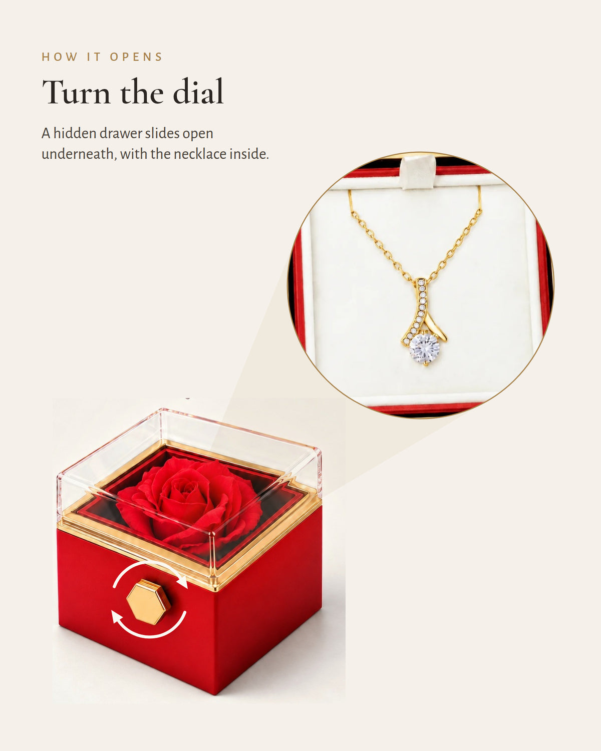 Diagram showing how turning the rose box dial reveals the gold-tone ribbon CZ necklace.