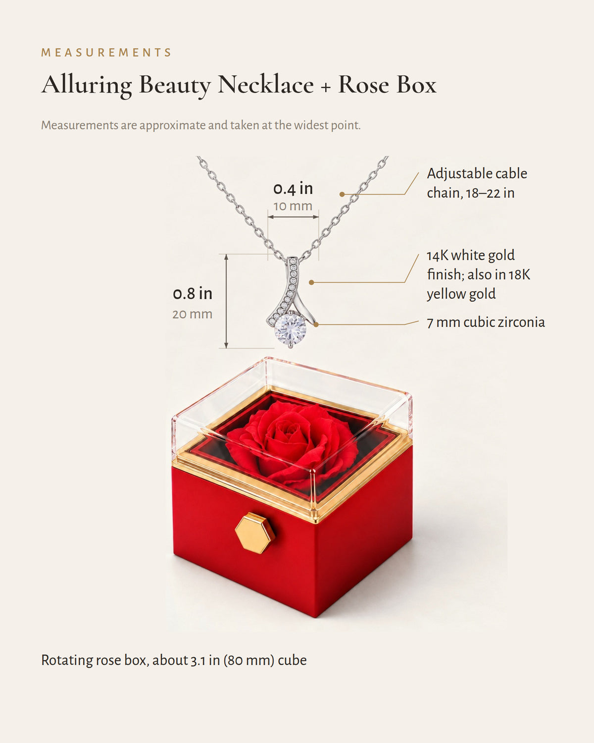 Ribbon CZ necklace and rotating rose box detail diagram.