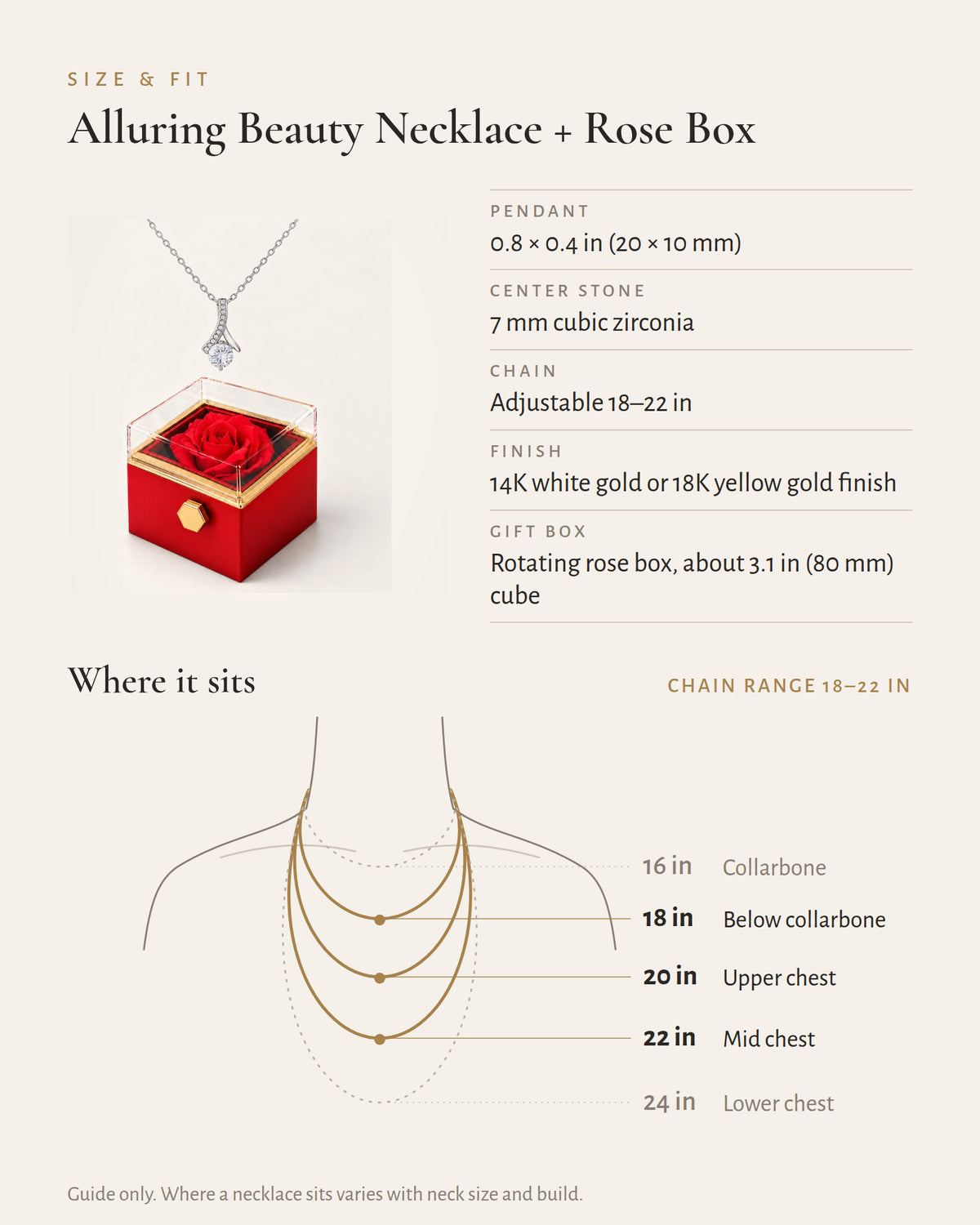 Ribbon necklace and rotating rose box specification and necklace length guide.