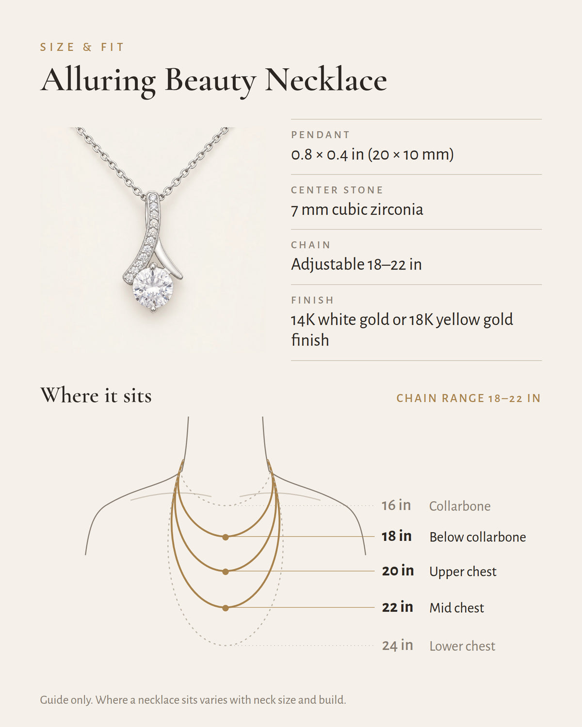 Ribbon CZ necklace specification and length guide showing where the chain sits.
