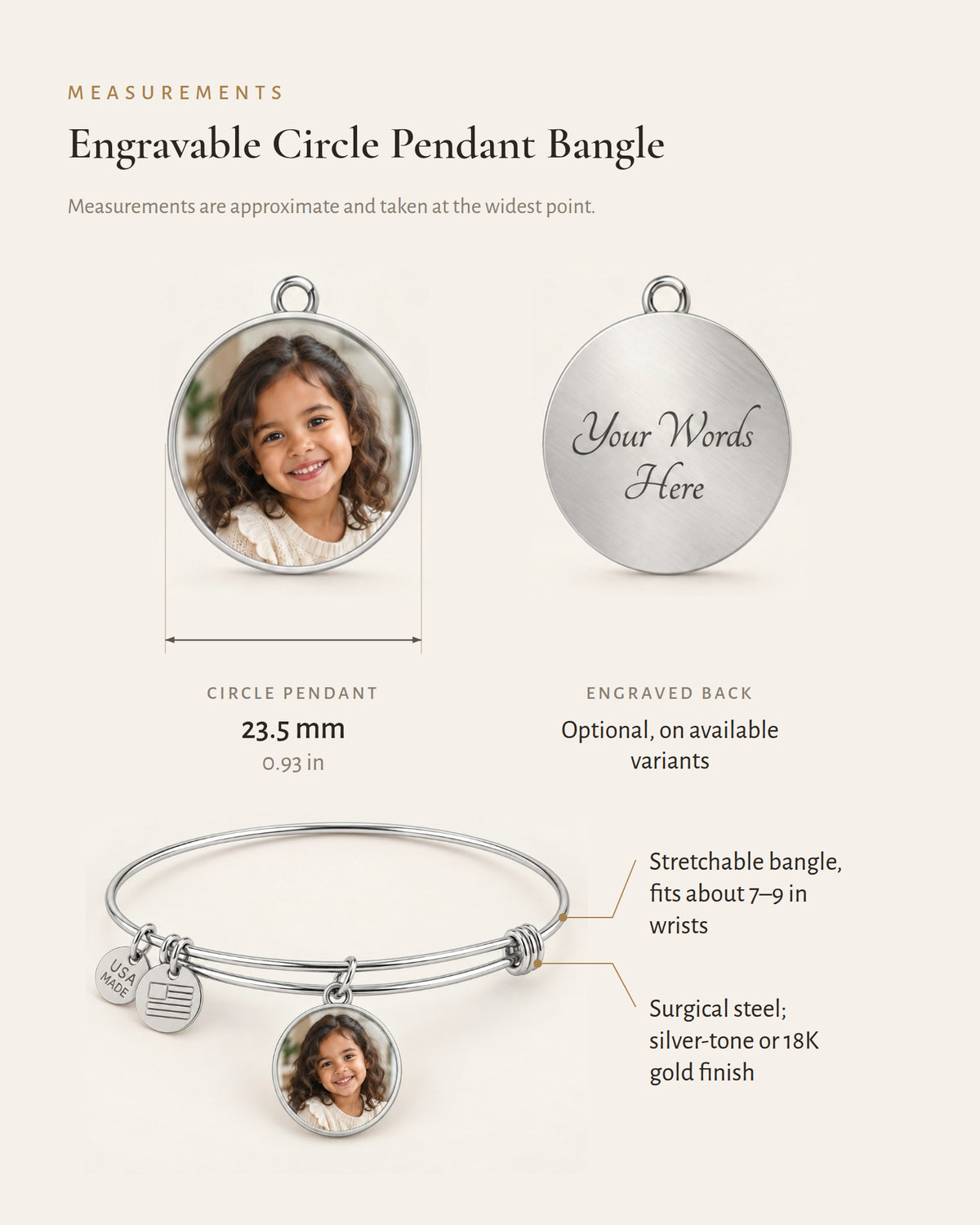 Circle photo bangle detail diagram showing the round charm, reverse engraving and bracelet.