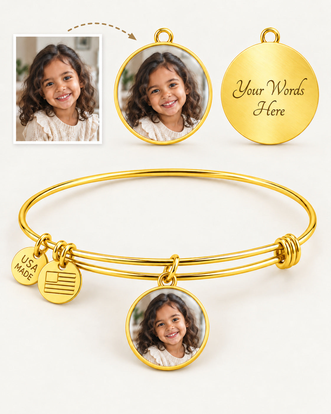 Gold-tone circle photo bangle with example photo and reverse engraving views.