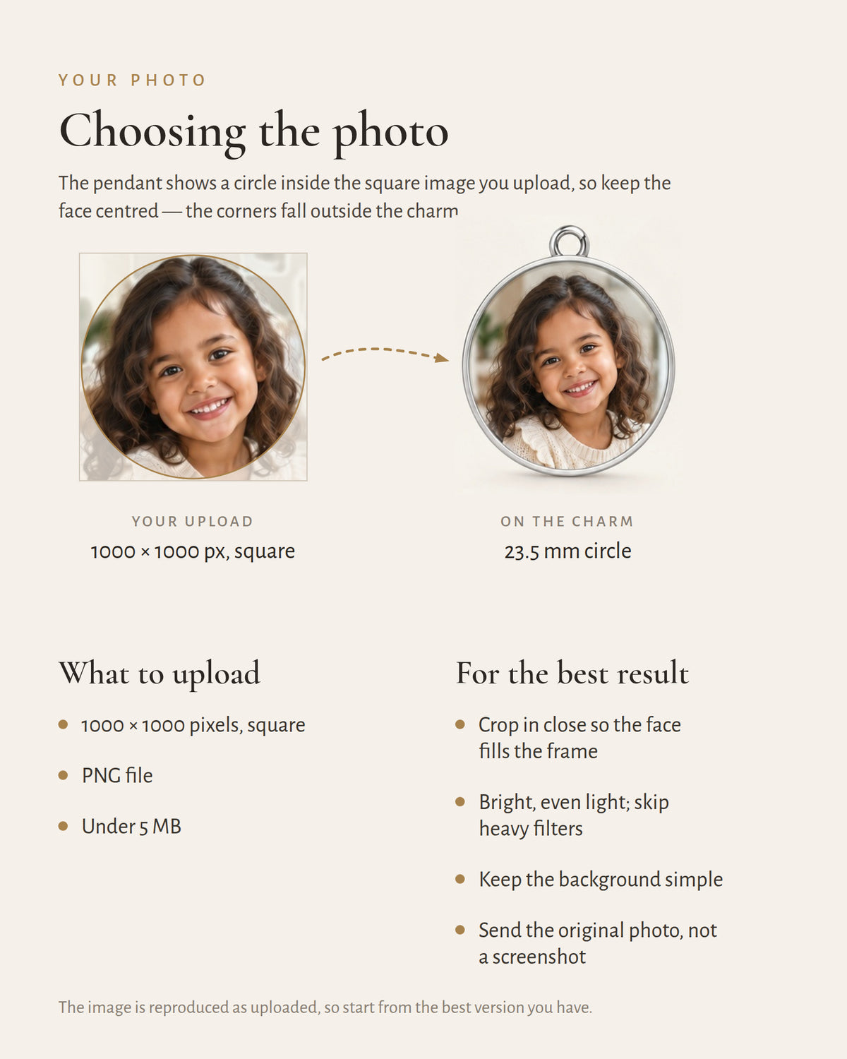Photo selection guide showing an original portrait and its crop on a circular bangle charm.