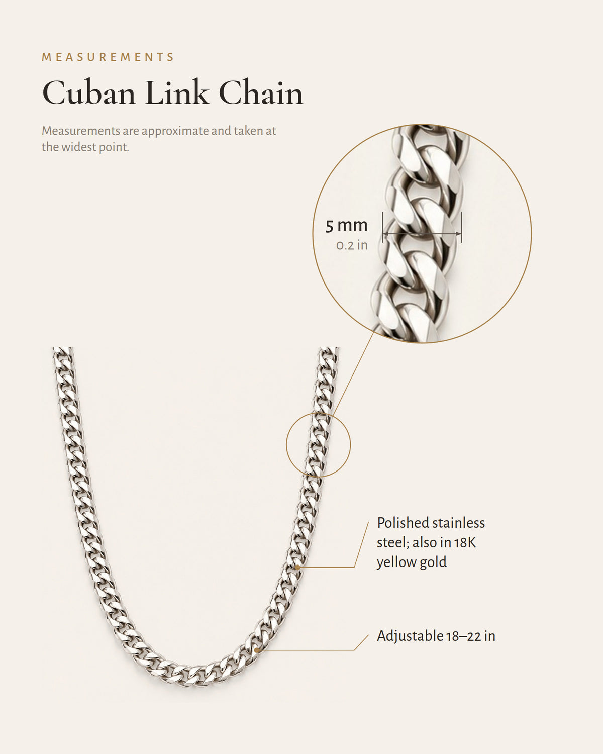 Cuban link chain detail diagram showing the 5 mm links and finish options.