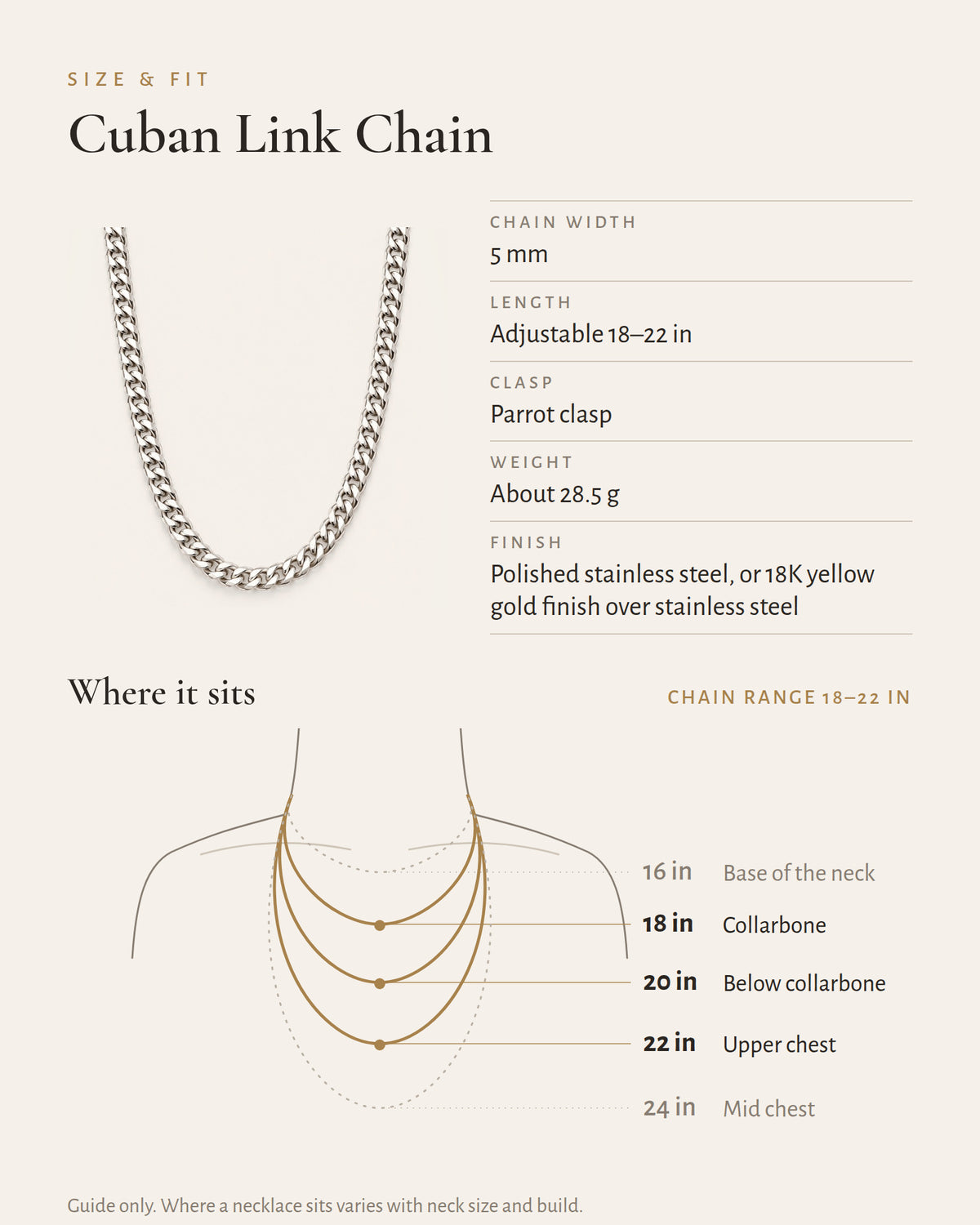 Cuban link necklace specification and length guide.