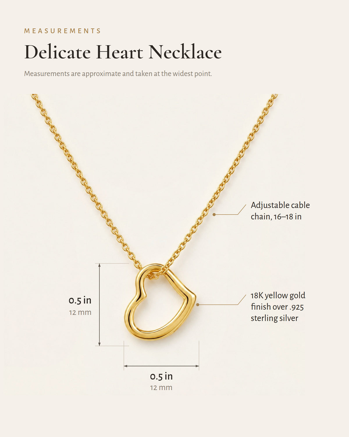 Delicate heart necklace detail diagram showing the open-heart pendant and chain.