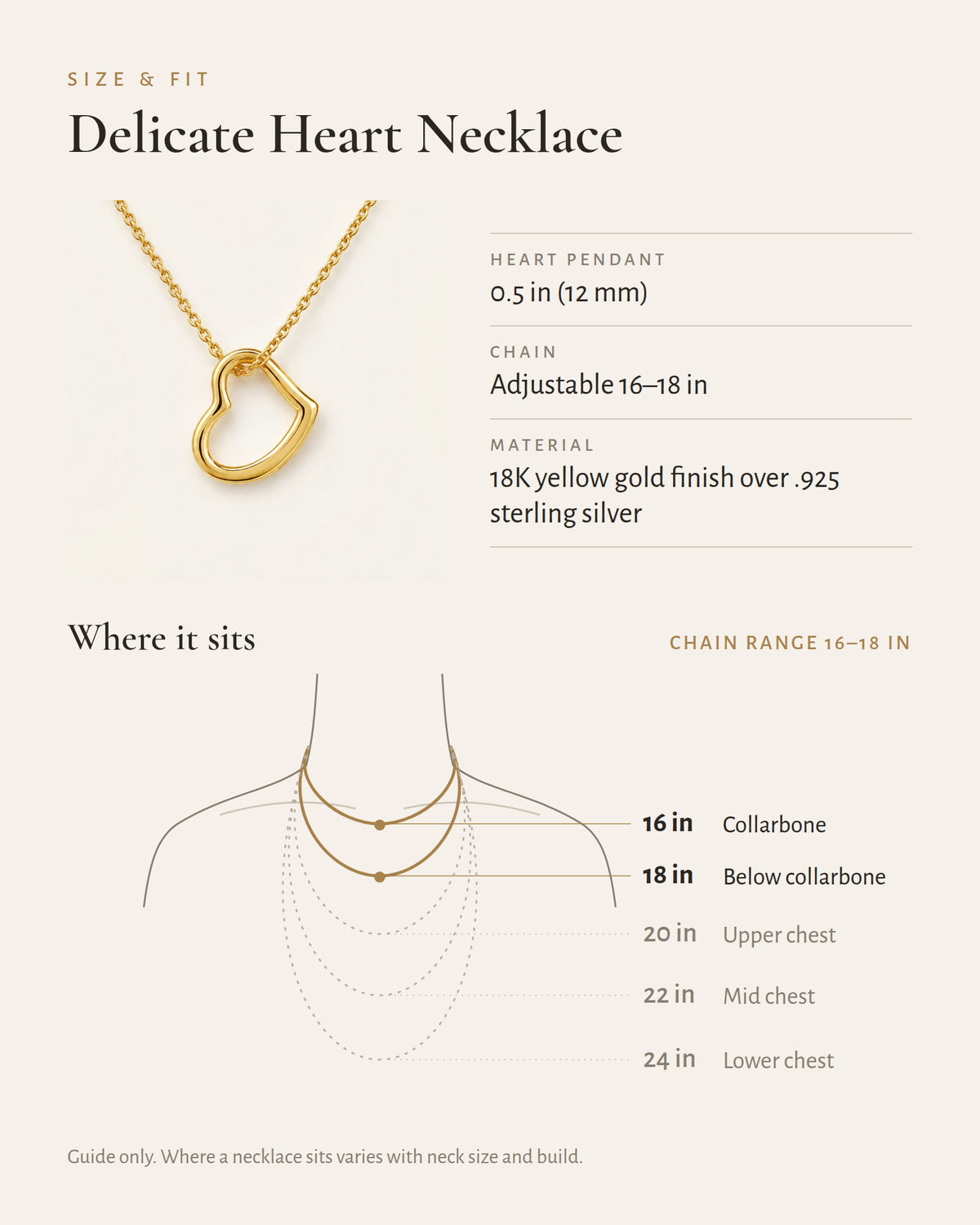 Delicate heart necklace specification and length guide.