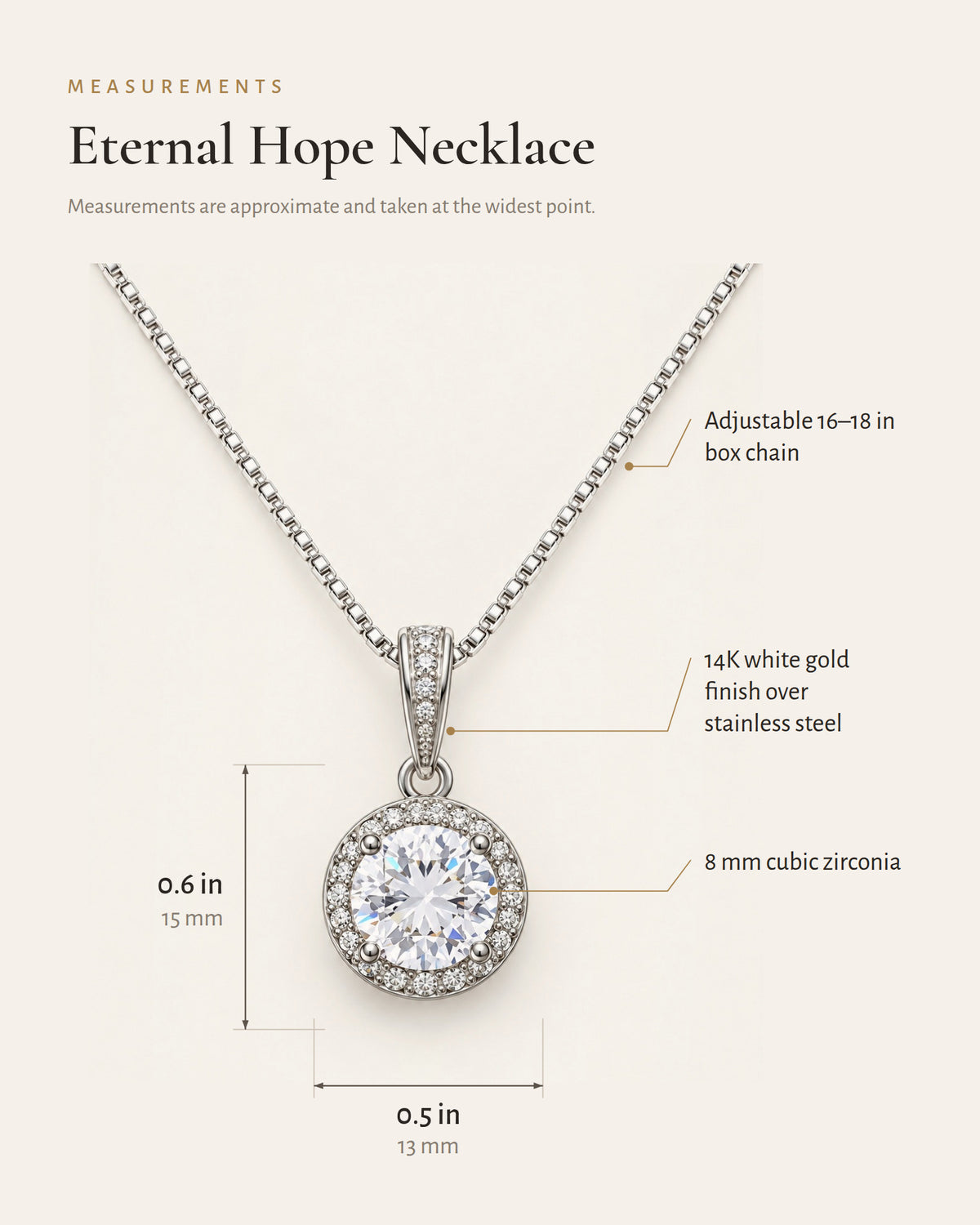 Eternal Hope necklace detail diagram showing the pendant, center stone and chain.