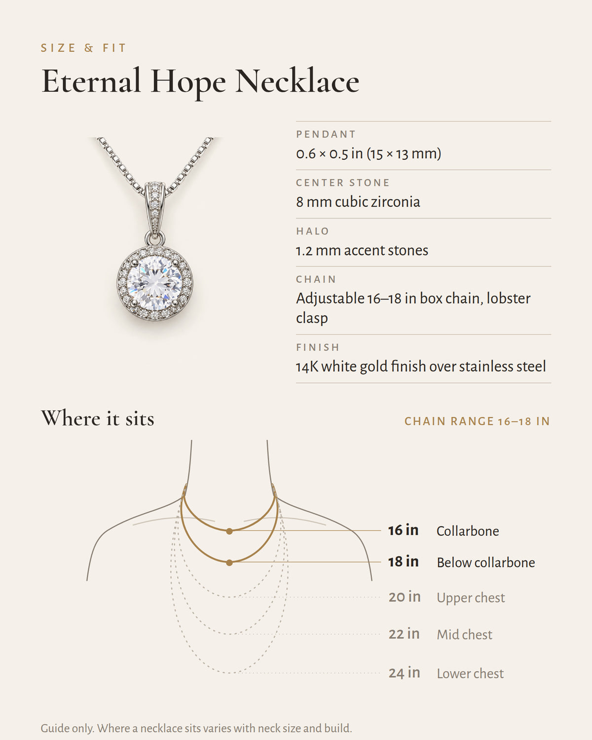 Eternal Hope necklace specification and length guide showing where the chain sits.