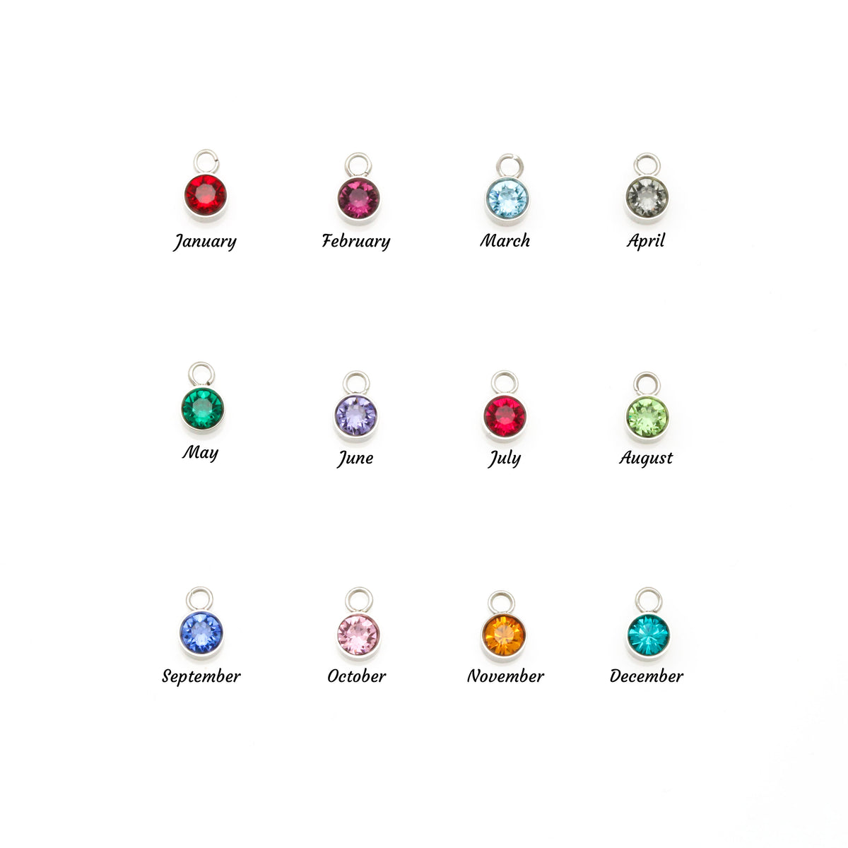 Birthstone color chart showing the twelve monthly choices for the name necklace.
