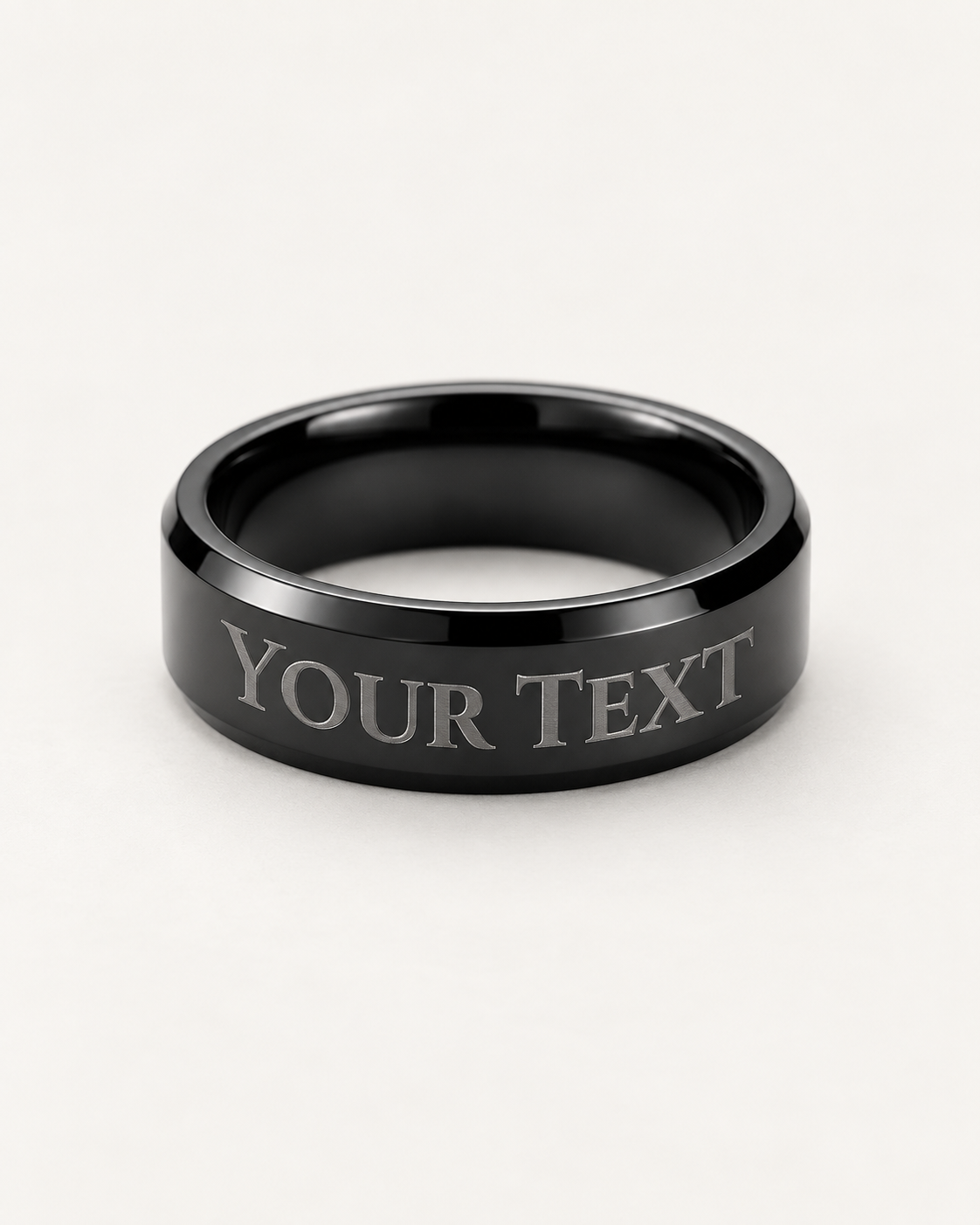 Black men's engraved ring with a sample Your Text message on the outer band.