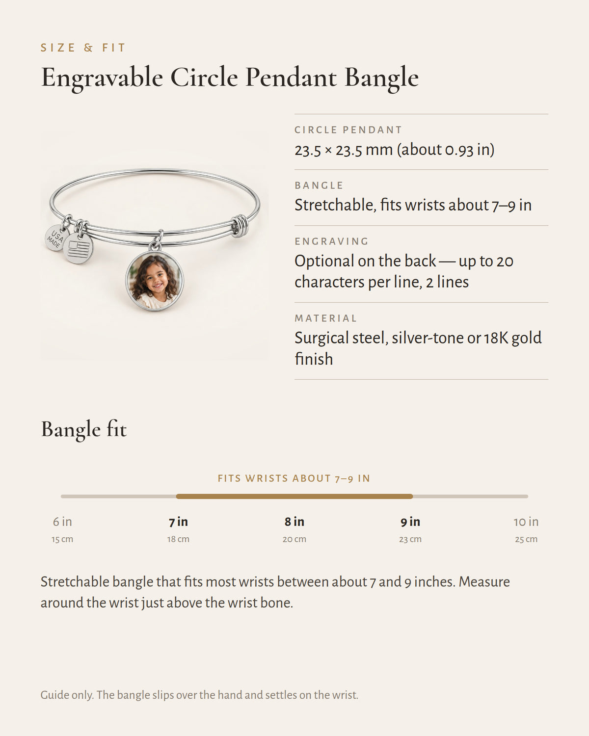 Circle photo bangle specification and adjustable-fit guide.
