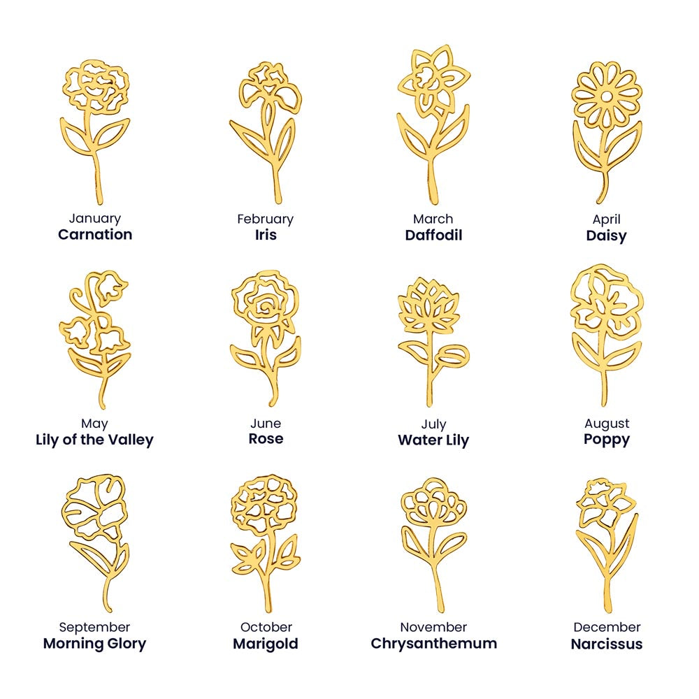 Gold-tone birth flower chart showing the twelve flower designs from January to December.