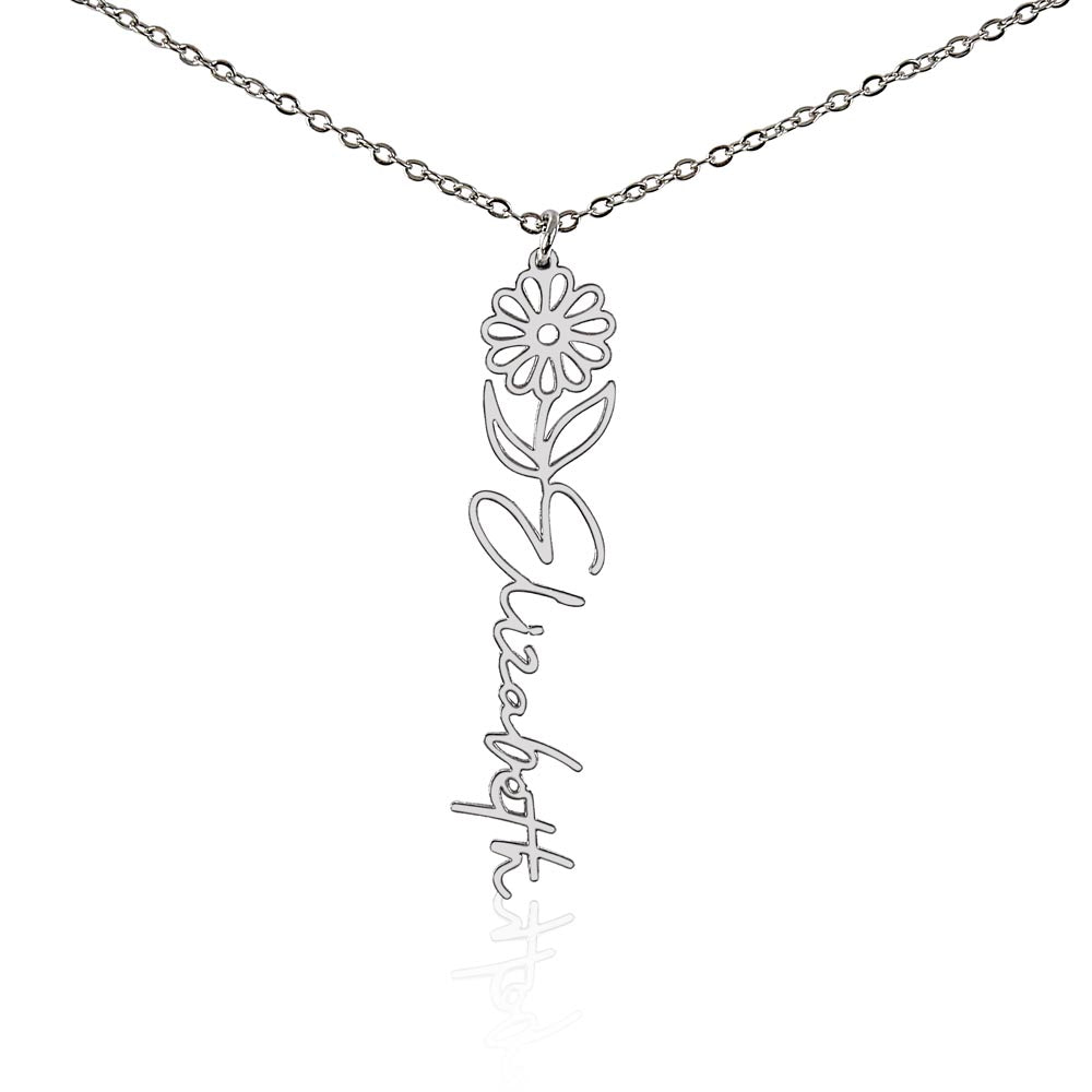 Silver-tone April daisy name necklace with the example name Elizabeth on white.