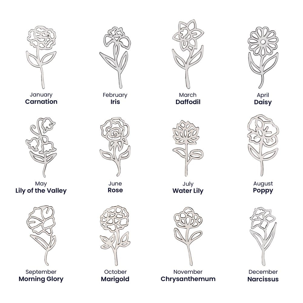 Silver-tone birth flower chart showing the twelve flower designs from January to December.