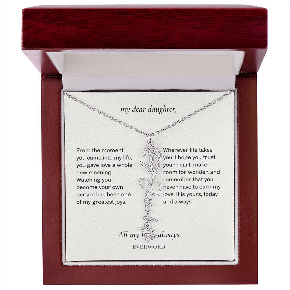 Silver-tone February iris name necklace with Everword daughter message card in a mahogany-style gift box.