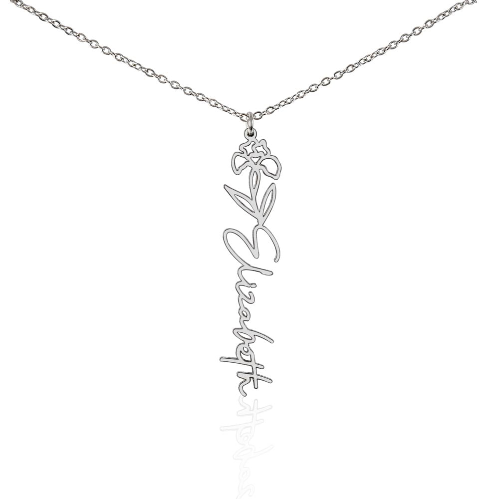 Silver-tone February iris name necklace with the example name Elizabeth on white.