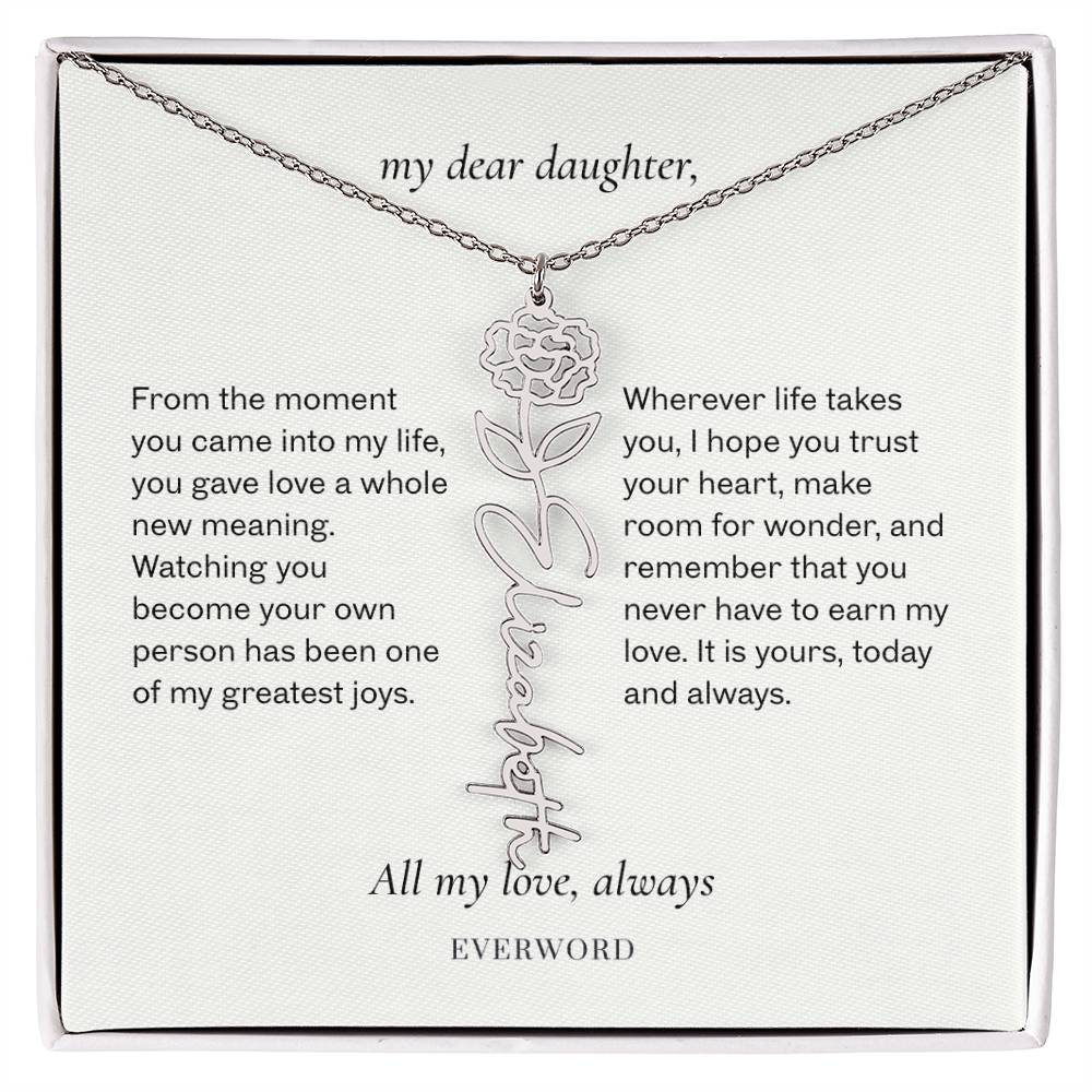 Silver-tone January carnation name necklace with Everword daughter message card in a standard gift box.