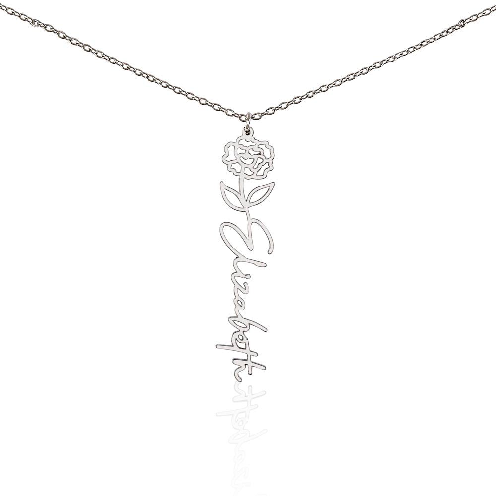 Silver-tone January carnation name necklace with the example name Elizabeth on white.
