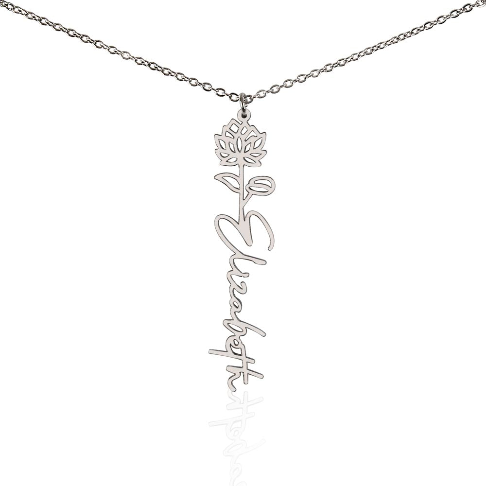 Silver-tone July water lily name necklace with the example name Elizabeth on white.