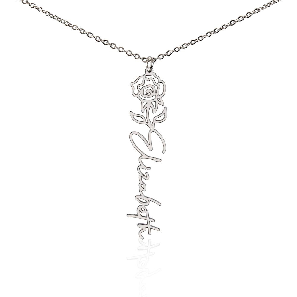 Silver-tone June rose name necklace with the example name Elizabeth on white.