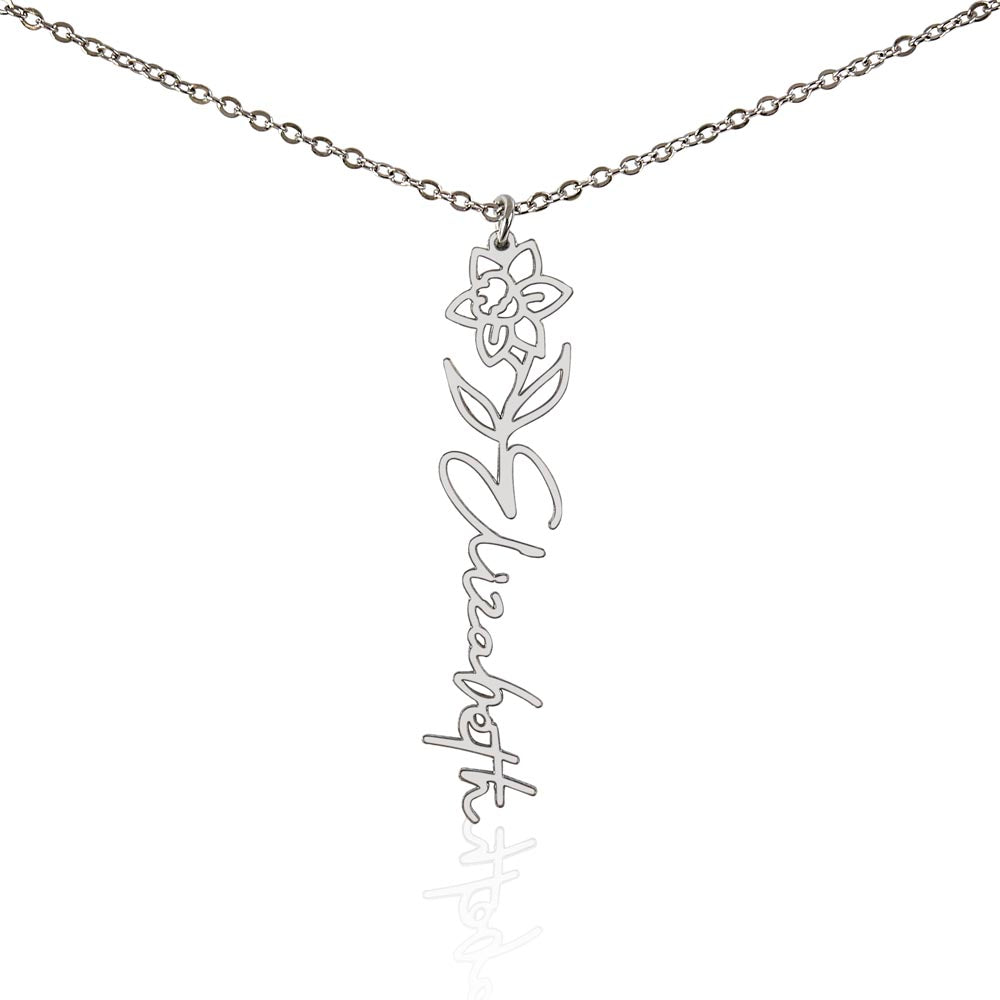 Silver-tone March daffodil name necklace with the example name Elizabeth on white.