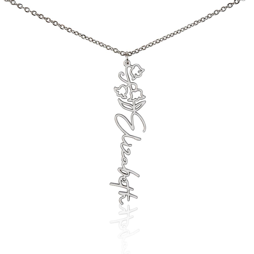 Silver-tone May lily of the valley name necklace with the example name Elizabeth on white.