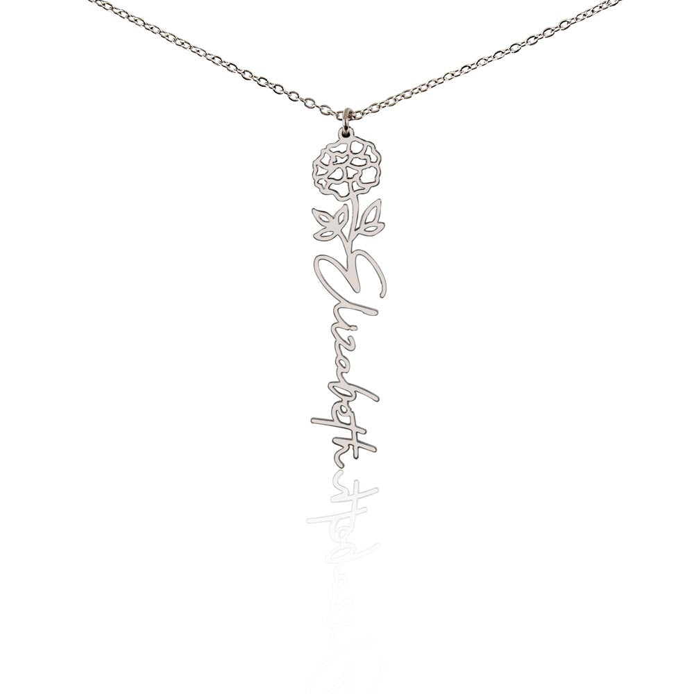 Silver-tone October marigold name necklace with the example name Elizabeth on white.