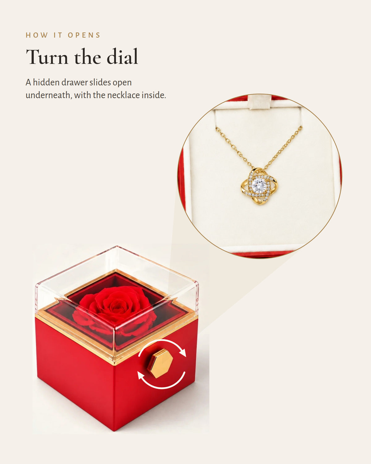 Diagram showing how turning the rose box dial reveals the gold-tone Love Knot necklace.