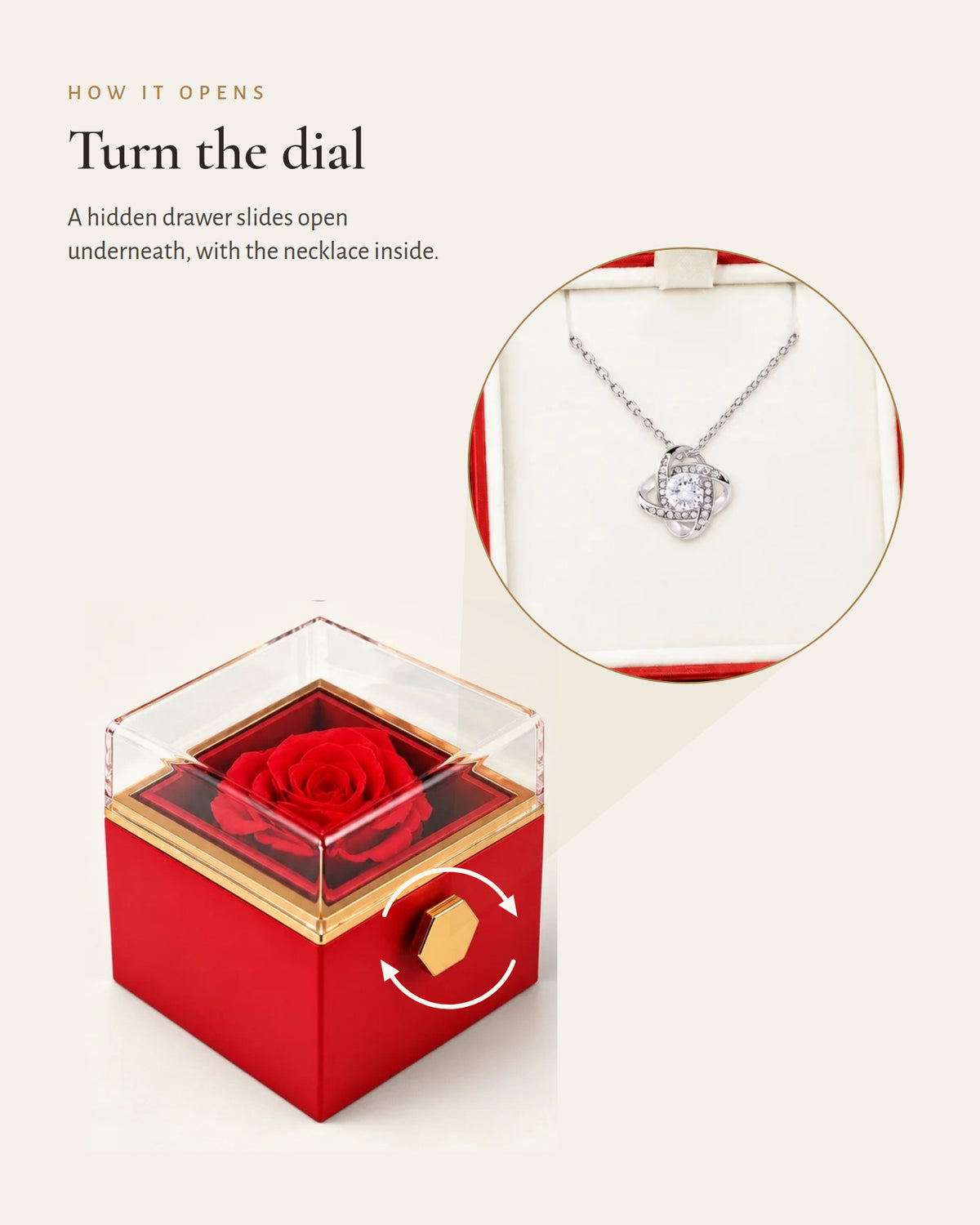 Diagram showing how turning the rose box dial reveals the silver-tone Love Knot necklace.