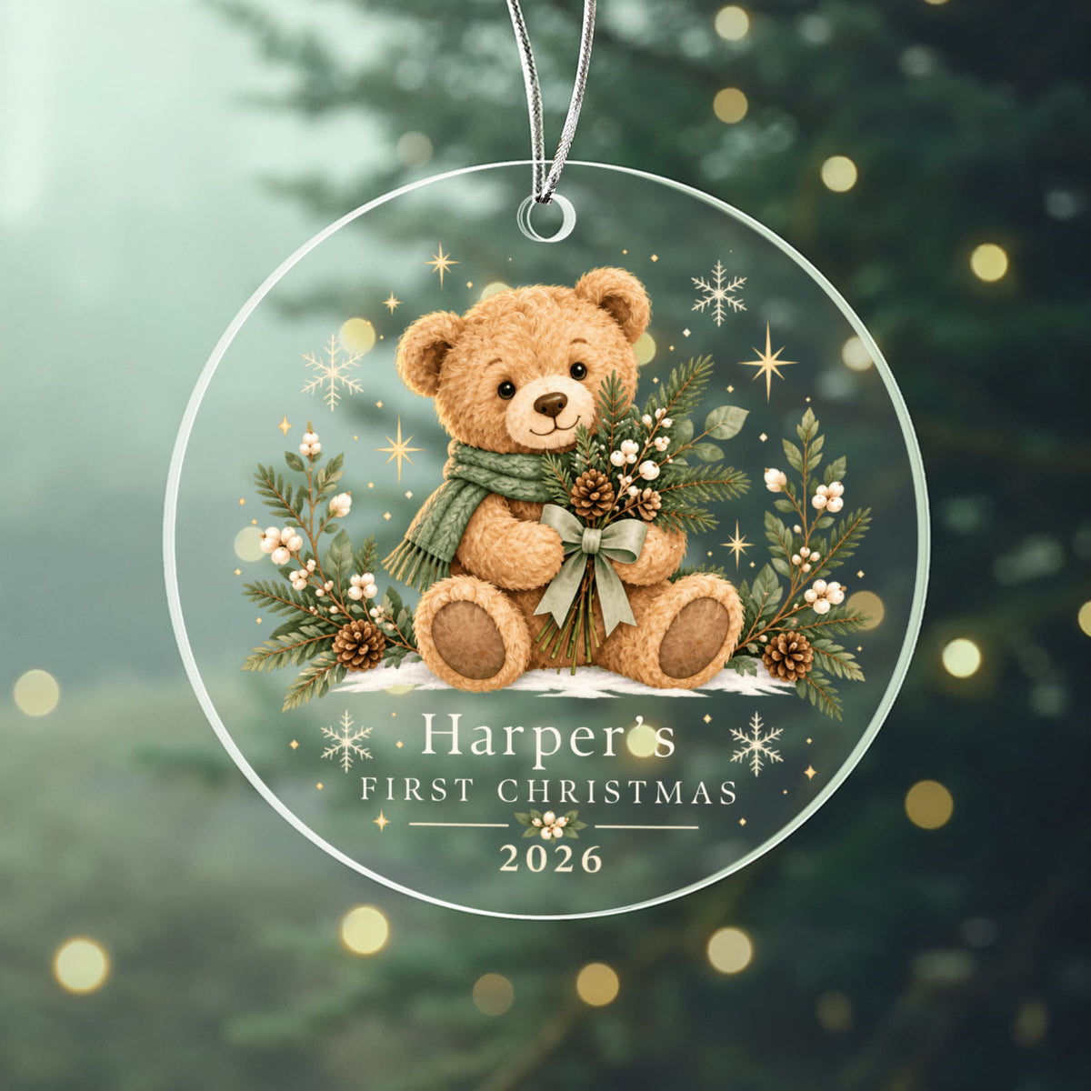Evergreen teddy first Christmas ornament with example name Harper against a soft green background.