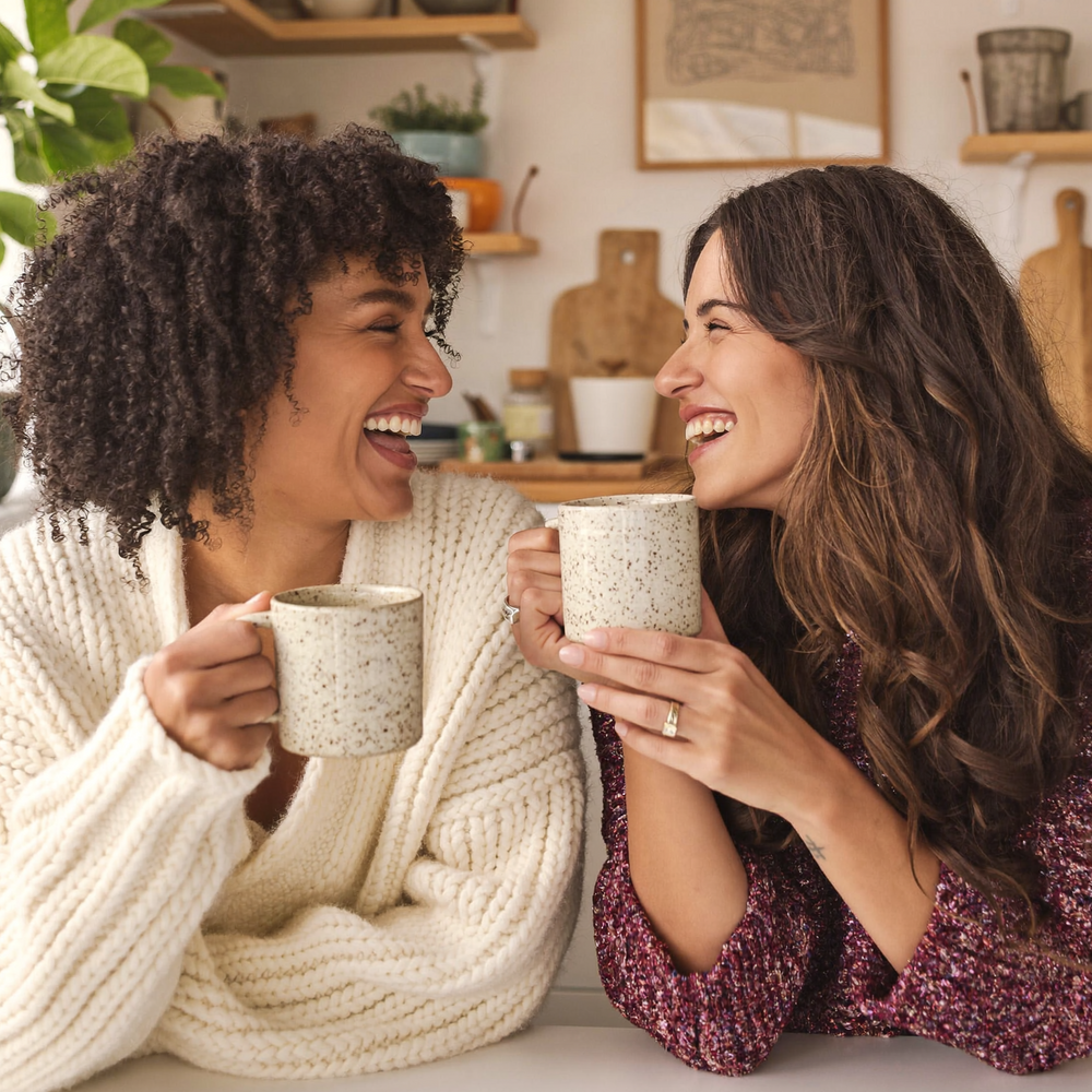 Two women smiling over mugs in a sunlit room.