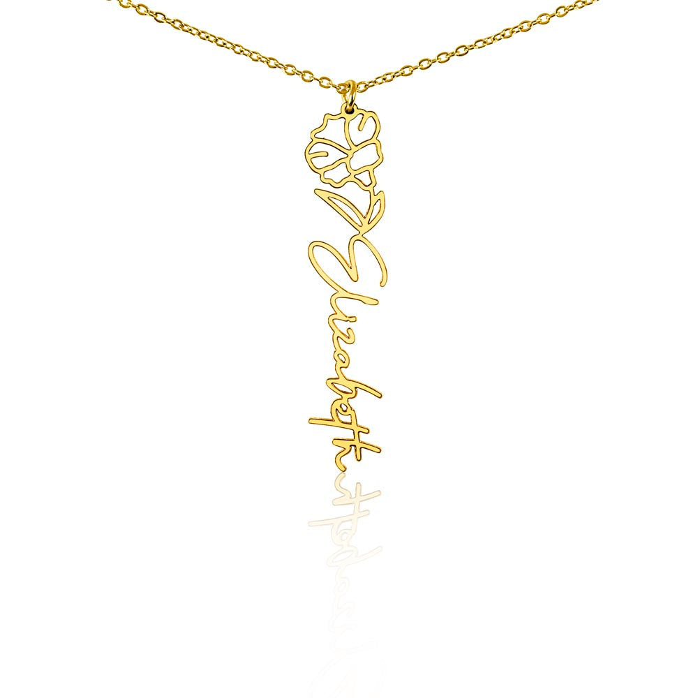 Gold-tone birth flower necklace with a morning glory motif and vertical script name pendant on white.