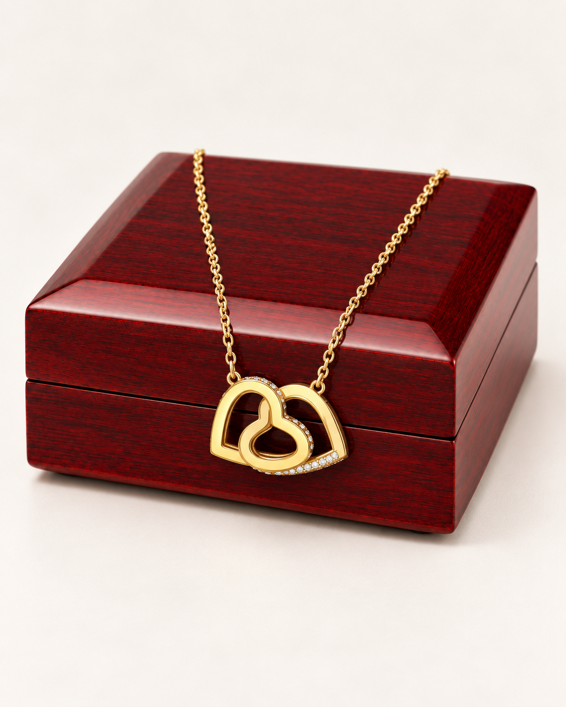 Gold-tone interlocking hearts necklace draped across a wooden gift box.