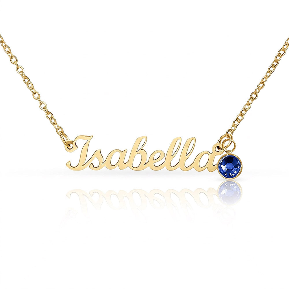 Gold-tone Isabella script name necklace with a deep blue birthstone accent on white.