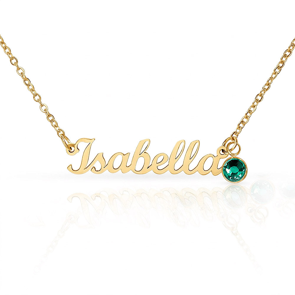 Gold-tone Isabella script name necklace with a deep green birthstone accent on white.