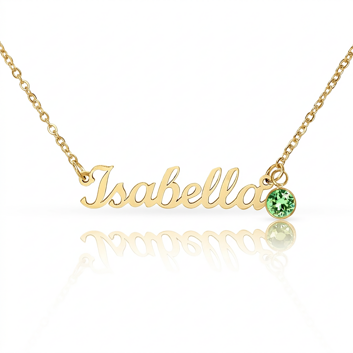 Gold-tone Isabella script name necklace with a light green birthstone accent on white.