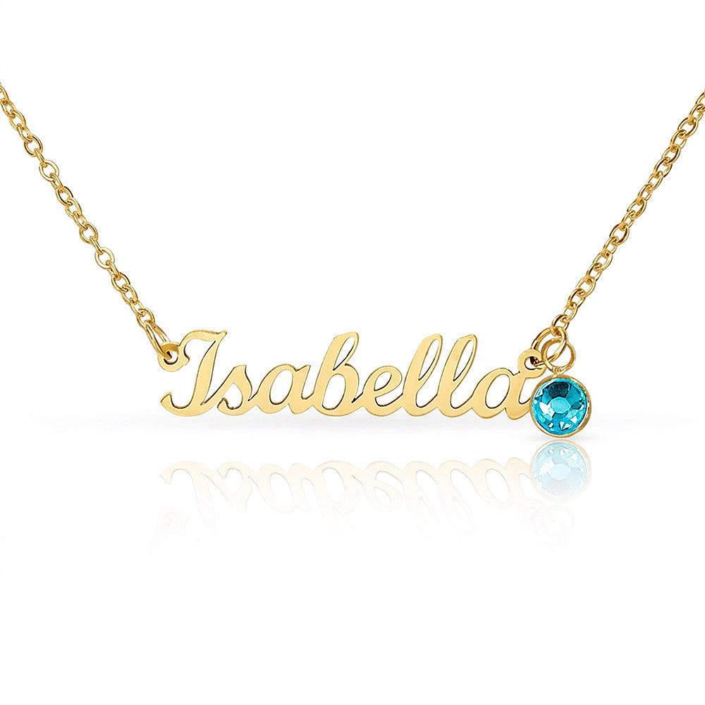 Gold-tone Isabella script name necklace with a pale blue birthstone accent on white.
