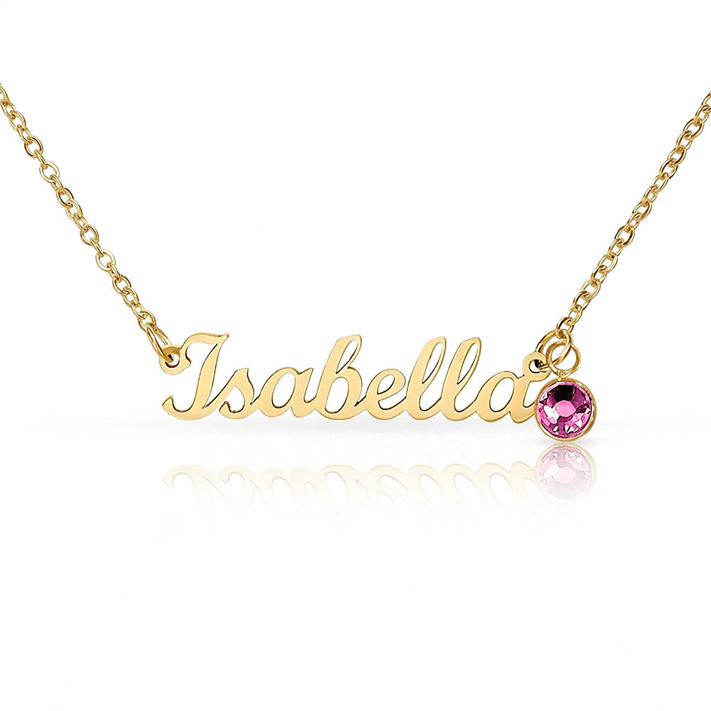 Gold-tone Isabella script name necklace with a pink birthstone accent on white.