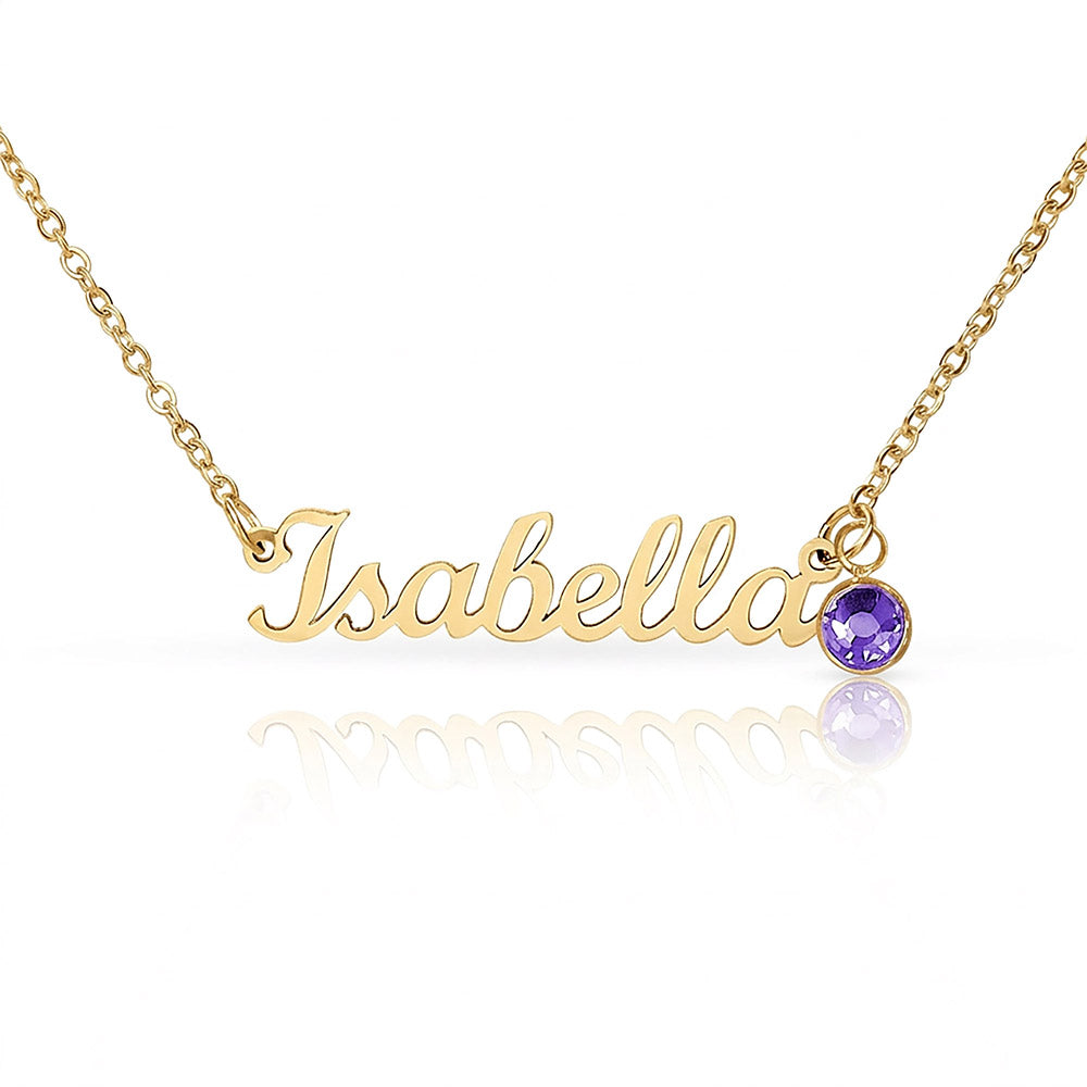 Gold-tone Isabella script name necklace with a purple birthstone accent on white.