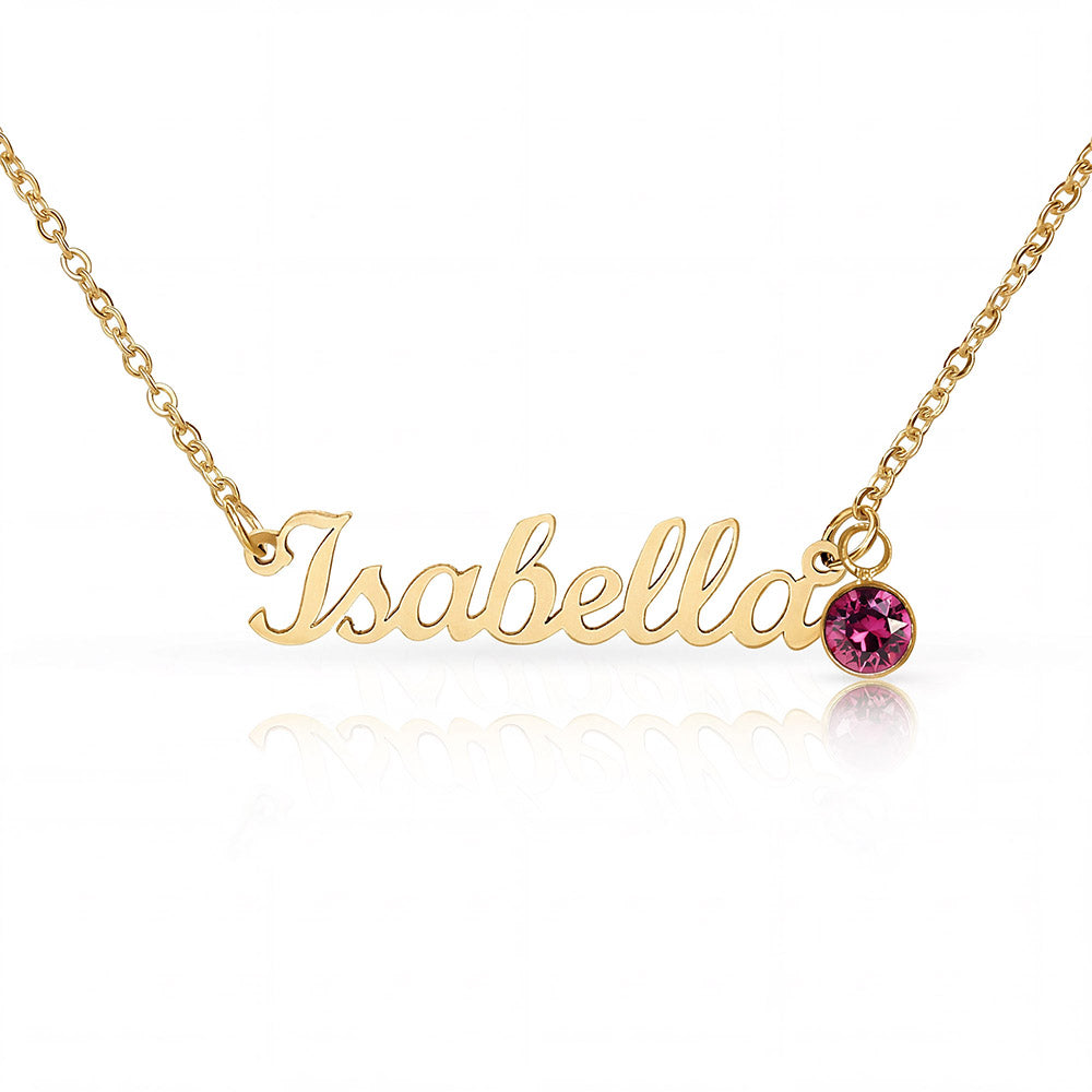 Gold-tone Isabella script name necklace with a purple-red birthstone accent on white.
