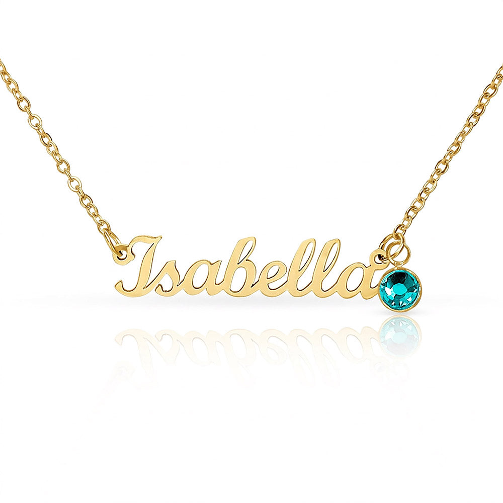 Gold-tone Isabella script name necklace with a turquoise-colored birthstone accent on white.