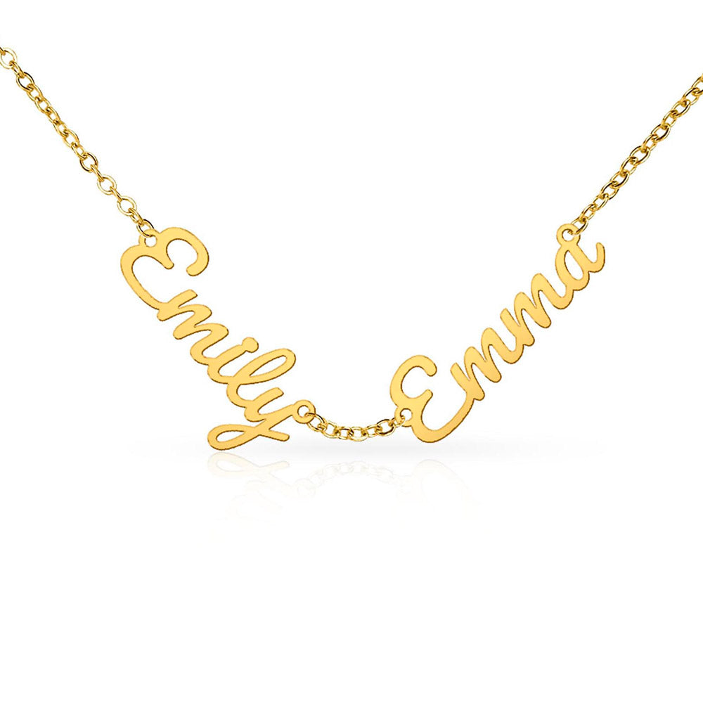 Gold-tone necklace with two connected script name pendants on white.