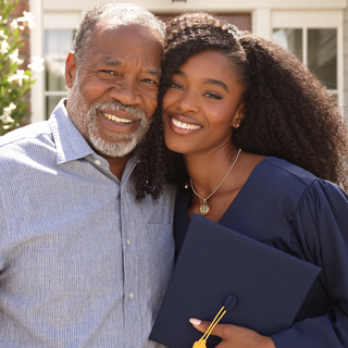 Graduate in a blue gown embracing a family member.