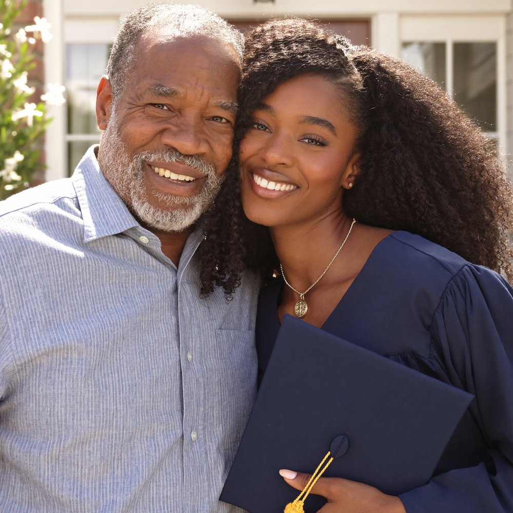 Graduate in a blue gown embracing a family member.